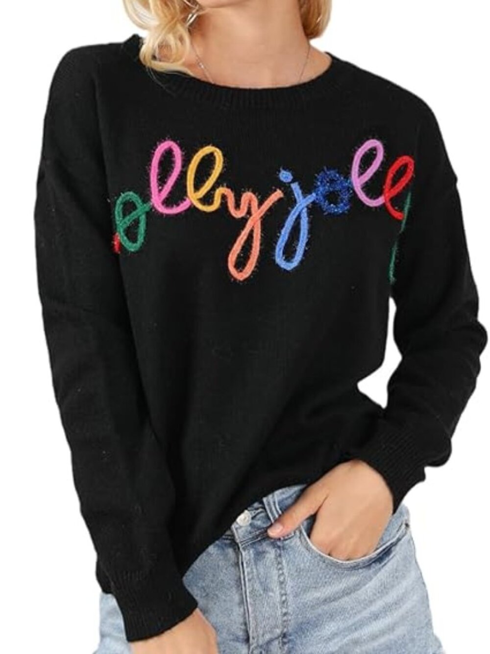 Women's S-XL Black Holly Jolly Round Neck Casual Sweater Casual Solid Slogan
